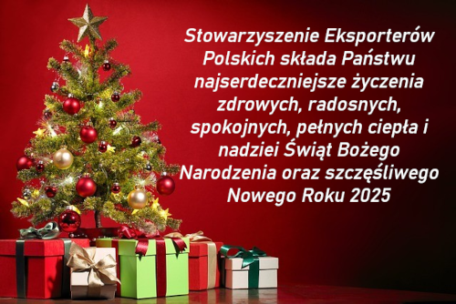 Najserdeczniejsze życzenia zdrowych, radosnych, spokojnych, pełnych ciepła i nadziei Świąt Bożego Narodzenia oraz szczęśliwego Nowego Roku 2025 składa Stowarzyszenie Eksporterów Polskich.